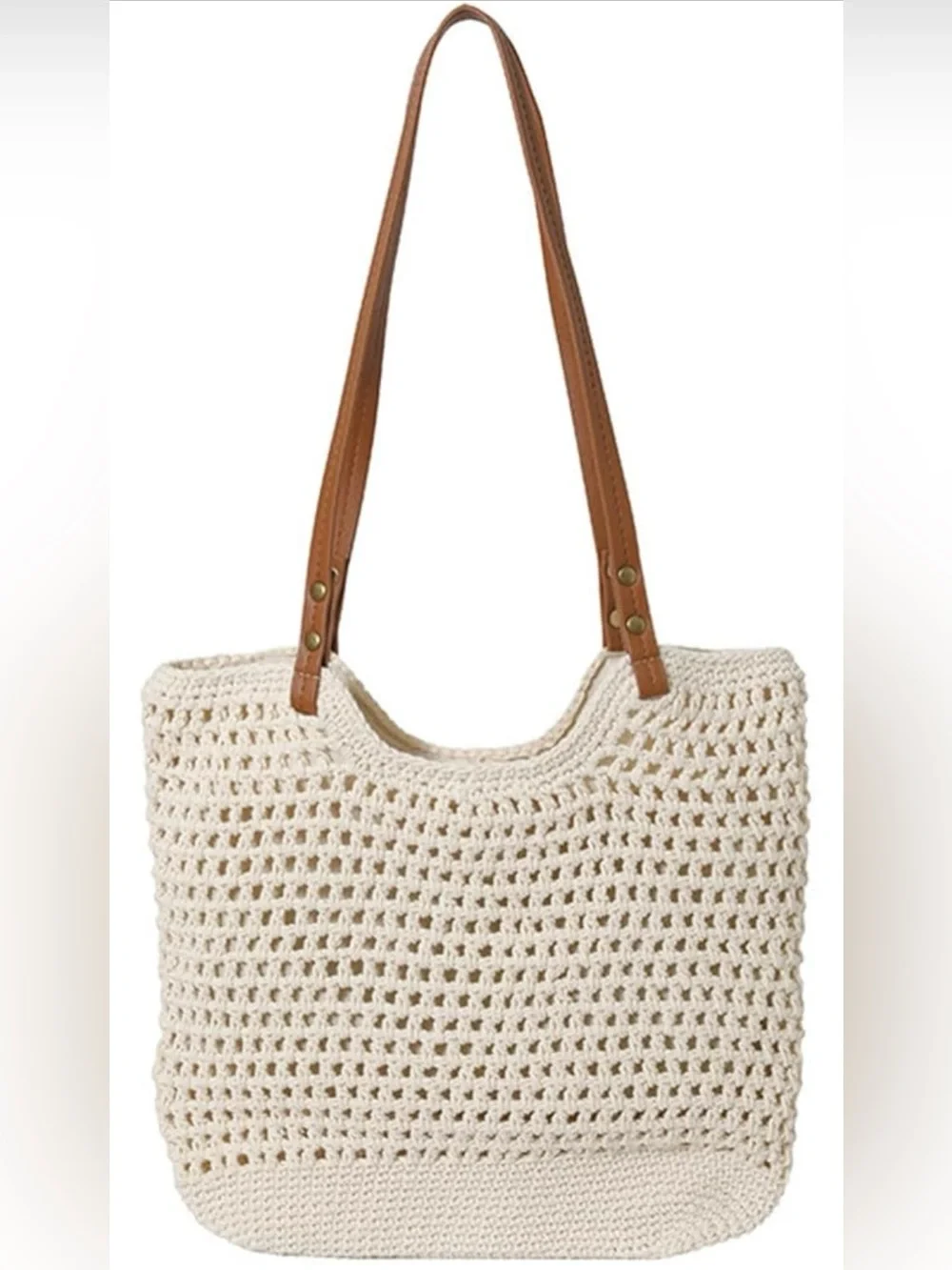 Cream Crochet Tote with Tan Shoulder Straps - Everyday Bag